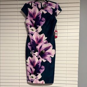 Vince Camuto Navy Sheath Dress with Pink & Purple Floral Print